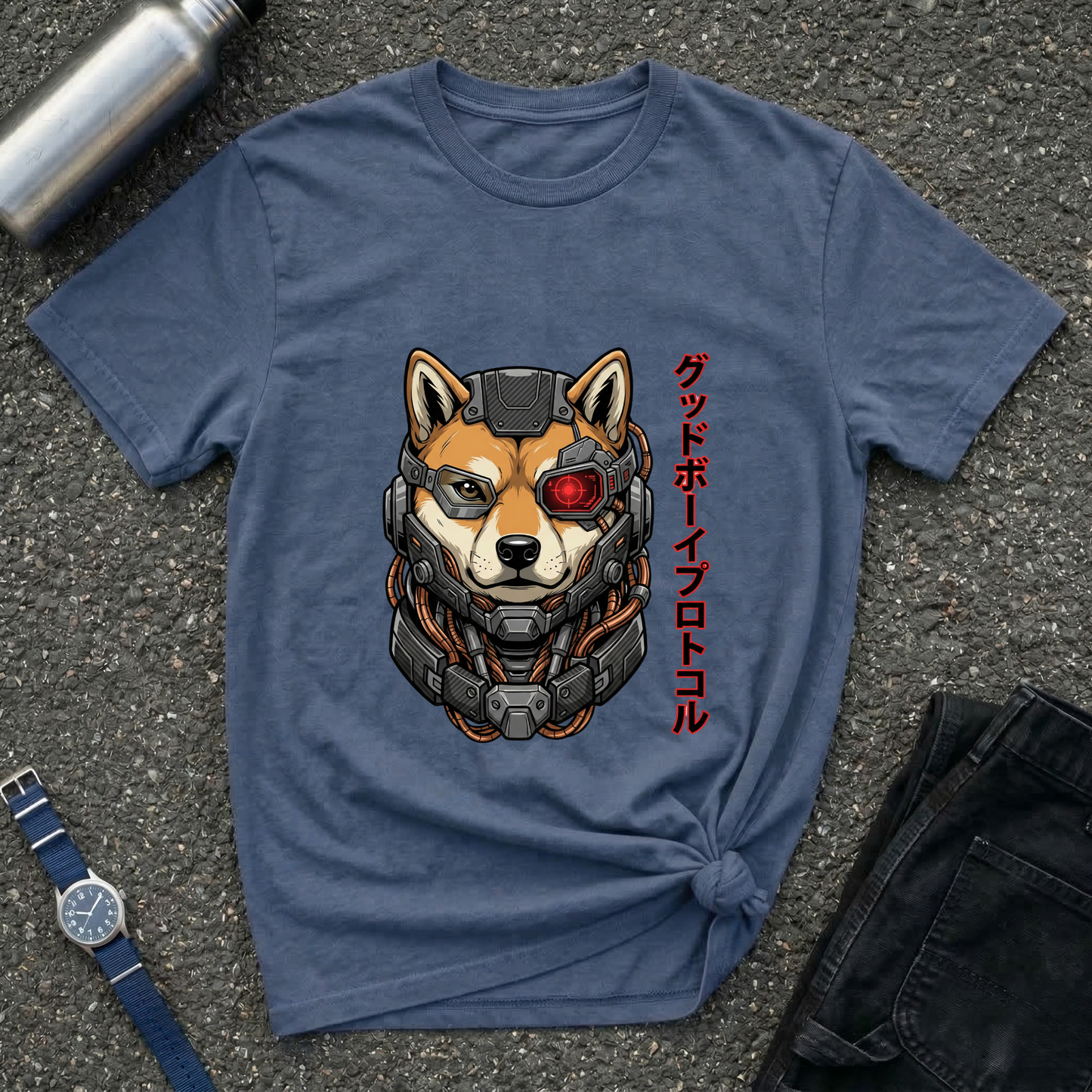 Cyborg Shiba T-Shirt — Japanese Katakana 'Good Boy' Graphic Tee