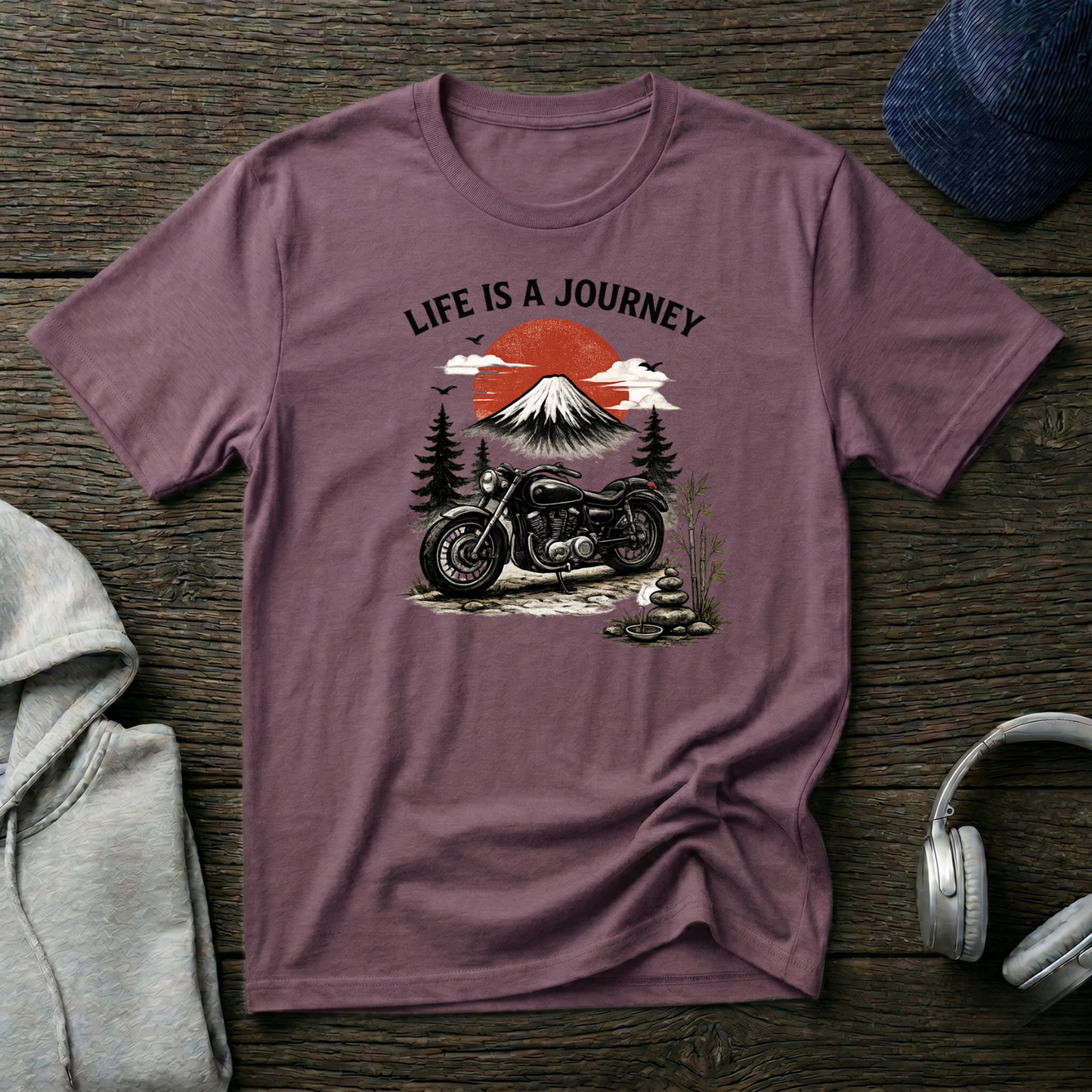 Life Is a Journey T-Shirt – Vintage Motorcycle Graphic Tee, Japanese Mount Fuji Design, Biker Streetwear Shirt”