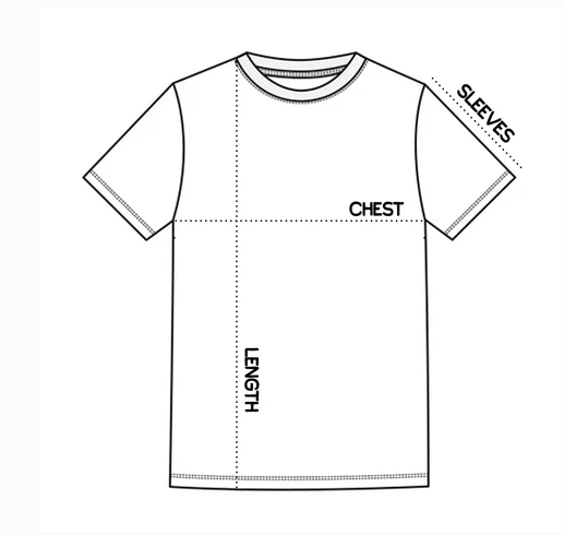 Kaverii Tees unisex t-shirt size chart with chest length and sleeve measurements