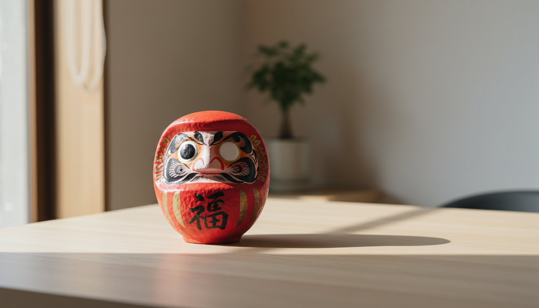 Red Japanese Daruma doll with one eye painted black and one eye left blank on a wooden desk