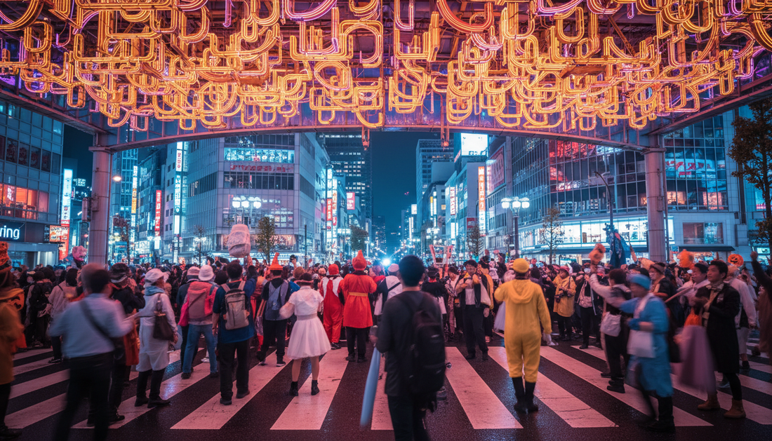 Crowded Japanese city crossing at night filled with adults in Halloween costumes