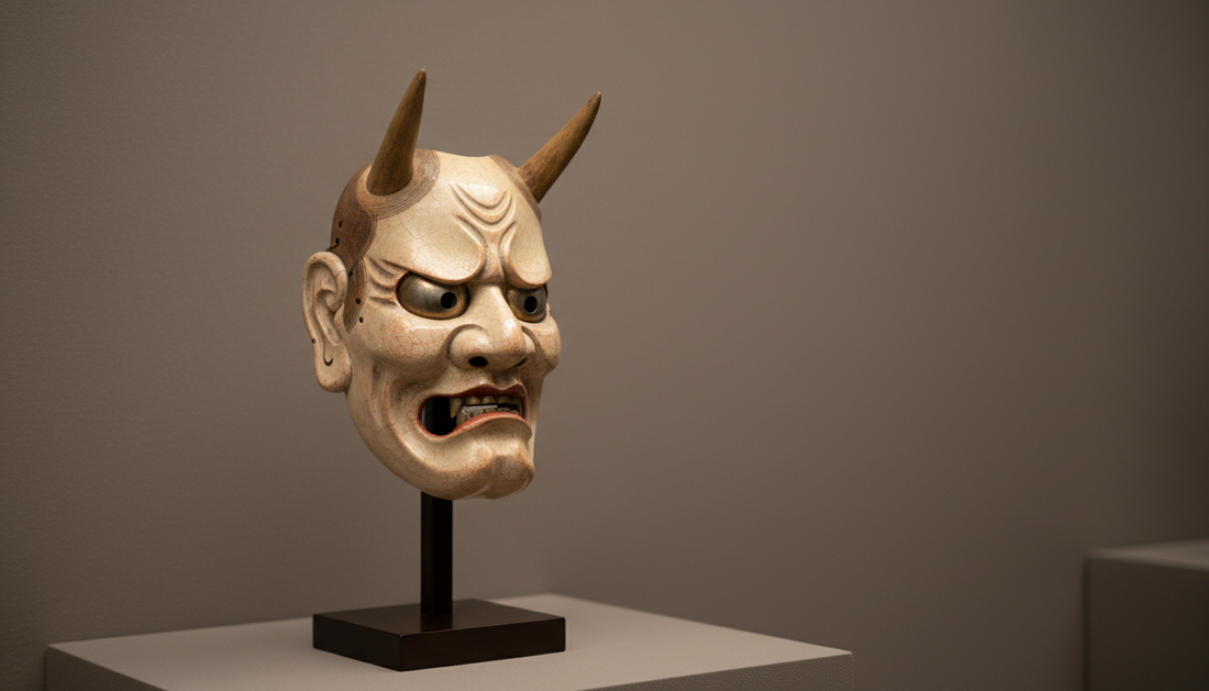 Carved Japanese Noh hannya mask with horns displayed on a wooden stand