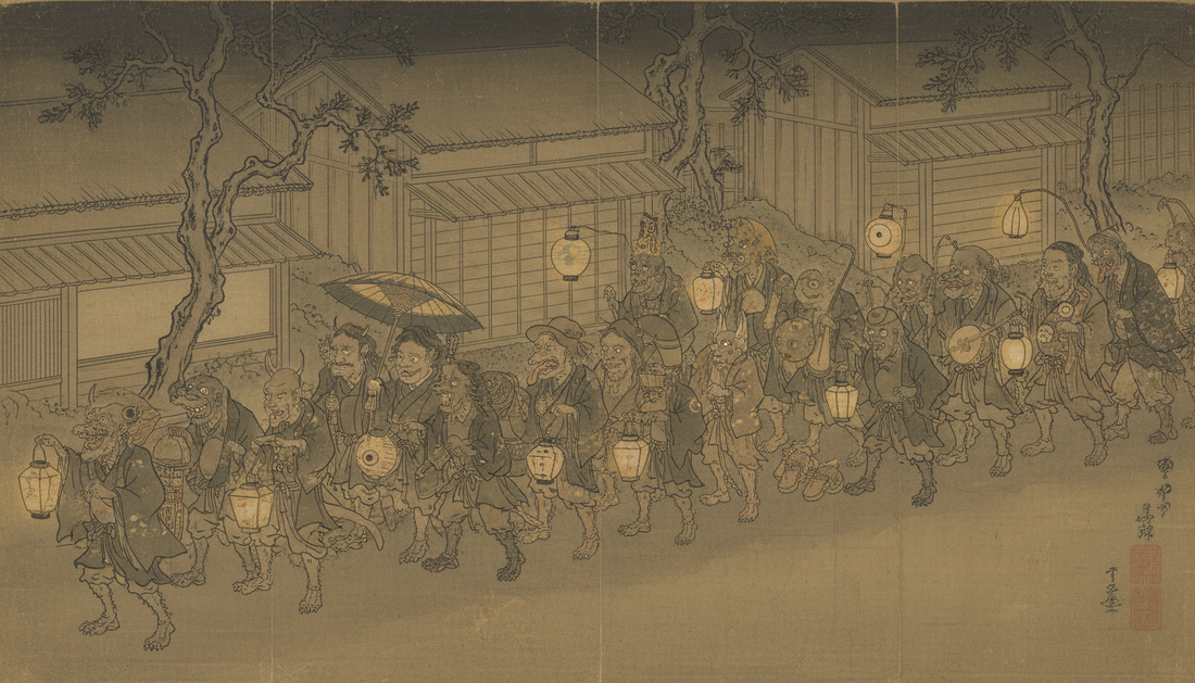 Handscroll illustration of a night parade of Japanese demons and spirits carrying lanterns