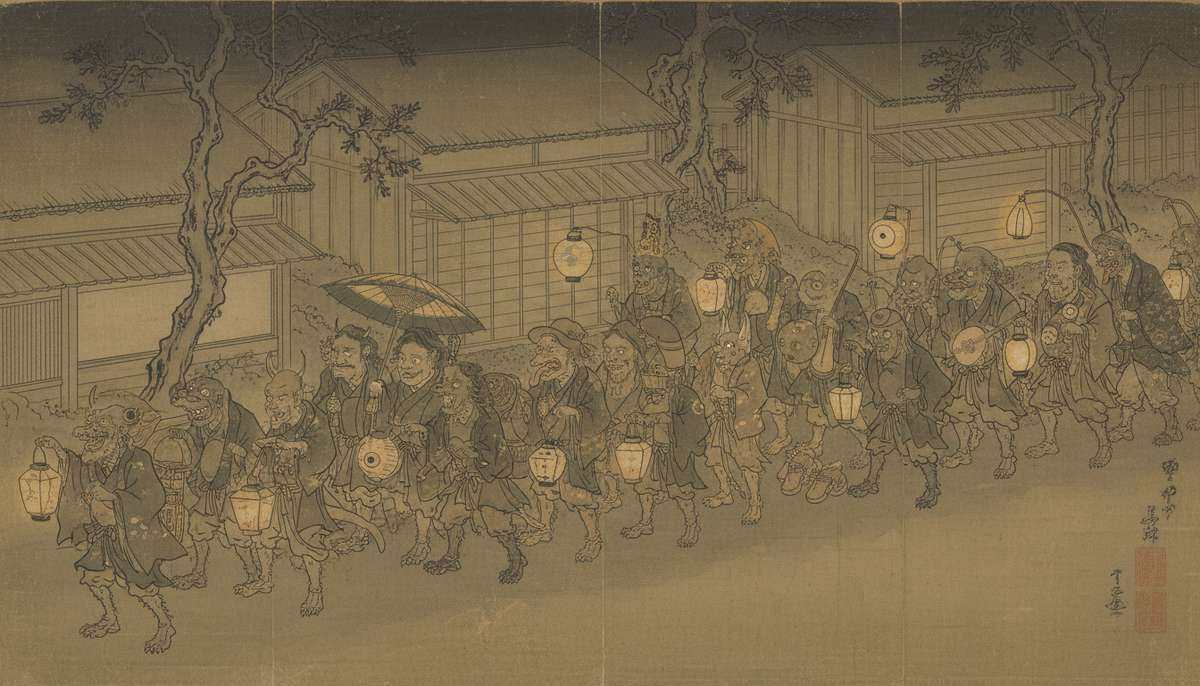 Handscroll illustration of a night parade of Japanese demons and spirits carrying lanterns