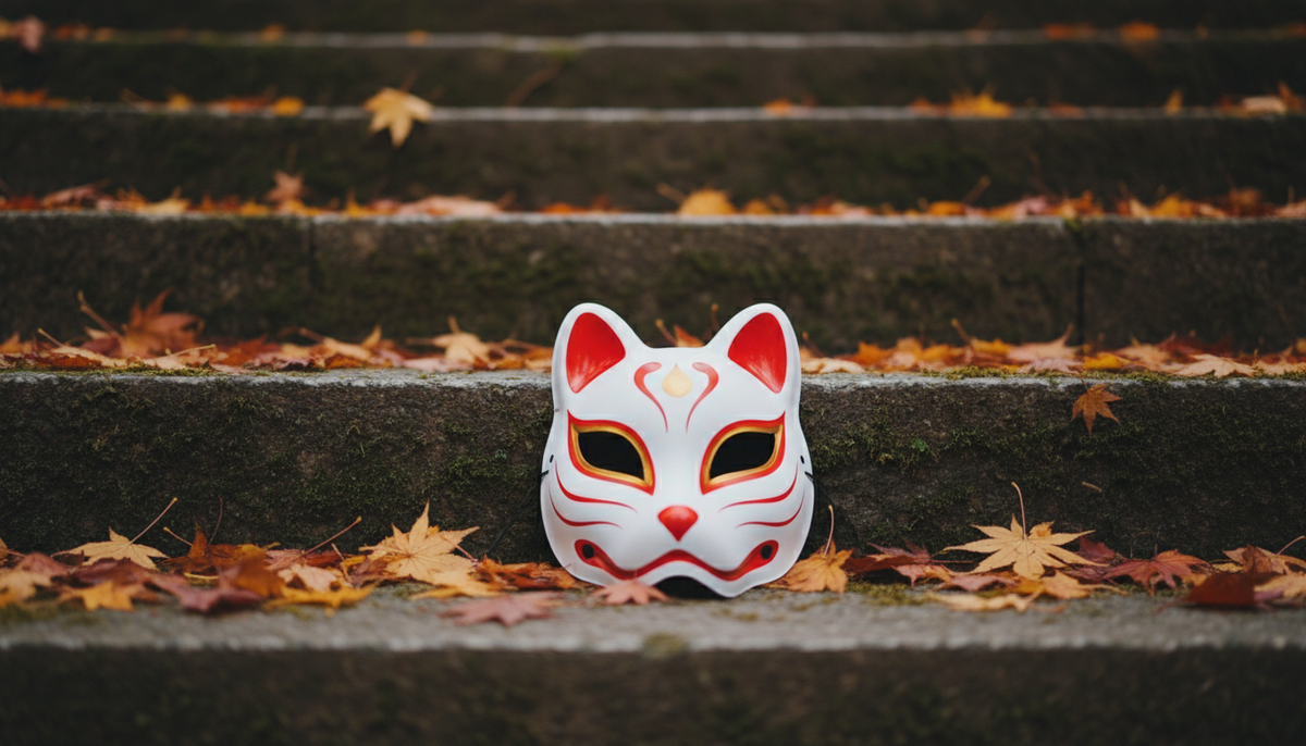 White Japanese kitsune fox mask with red markings resting on stone shrine steps