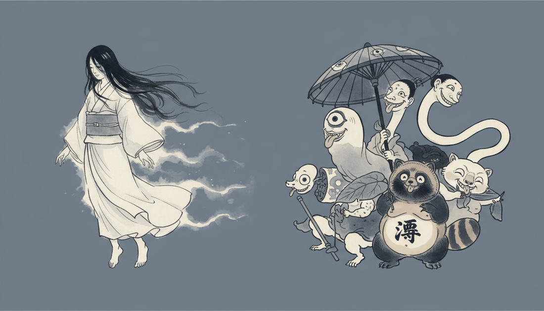 Japanese yurei ghost in white kimono beside a group of yokai creatures in ink wash style