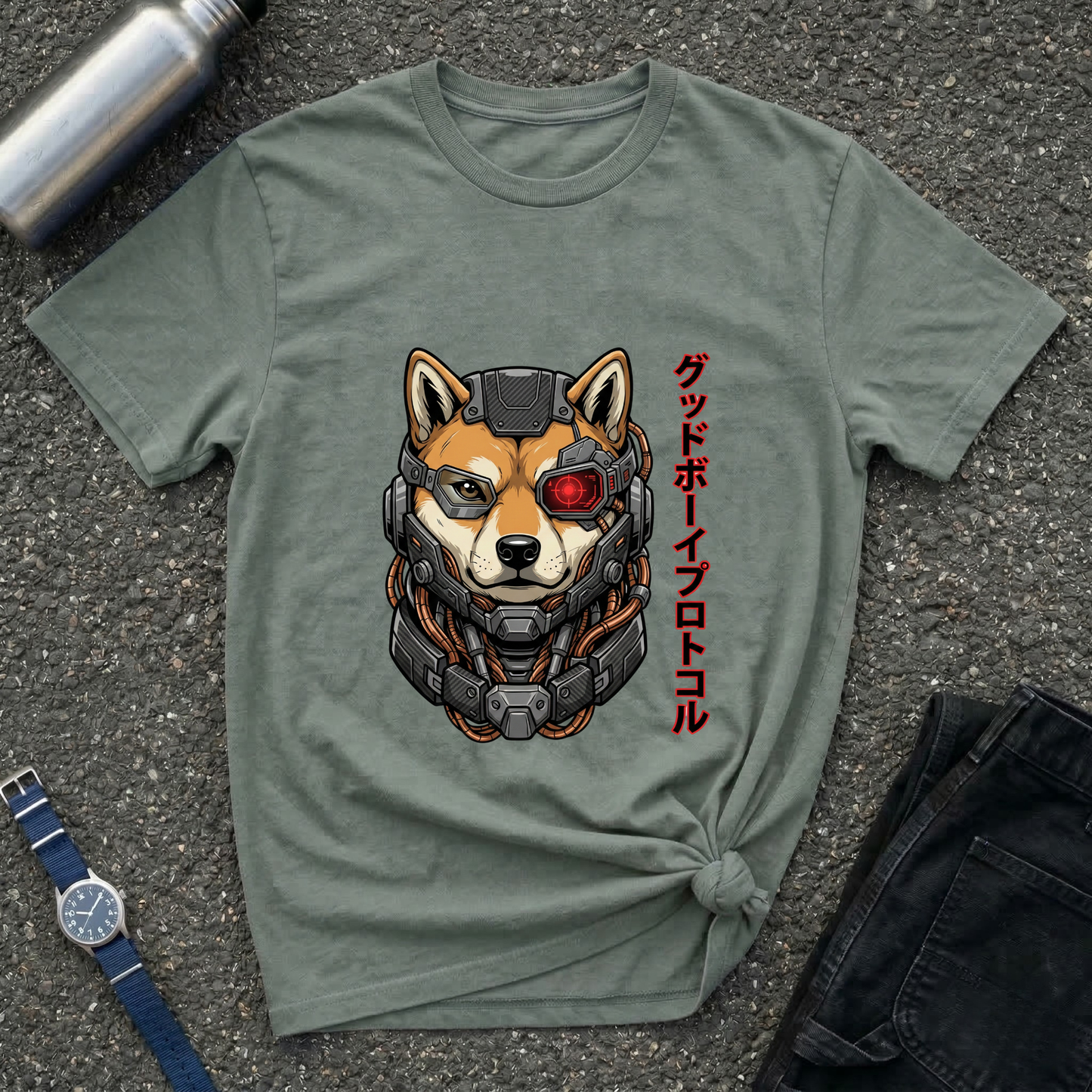 Cyborg Shiba T-Shirt — Japanese Katakana 'Good Boy' Graphic Tee