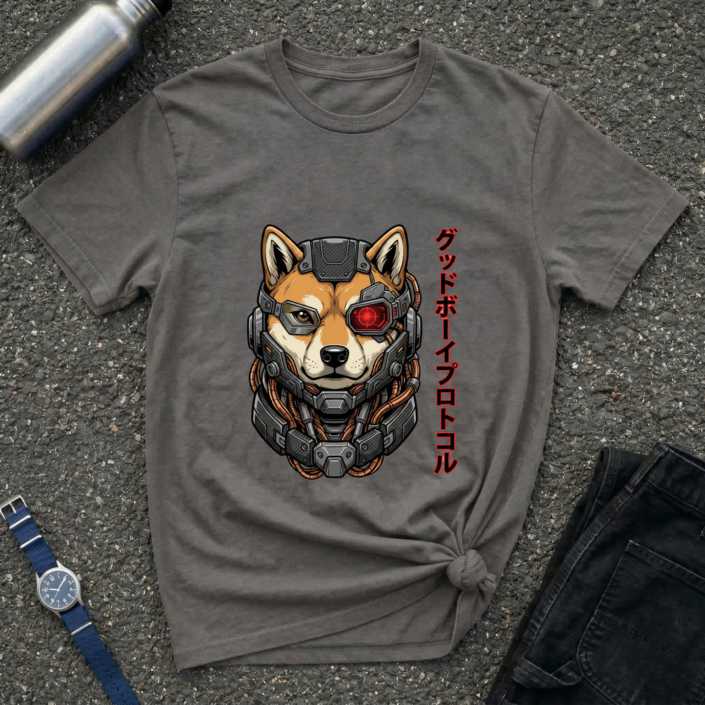 Cyborg Shiba T-Shirt — Japanese Katakana 'Good Boy' Graphic Tee