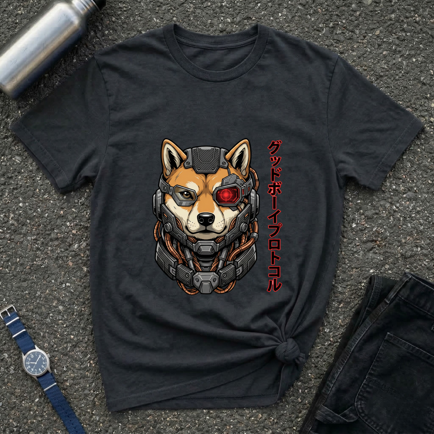 Cyborg Shiba T-Shirt — Japanese Katakana 'Good Boy' Graphic Tee