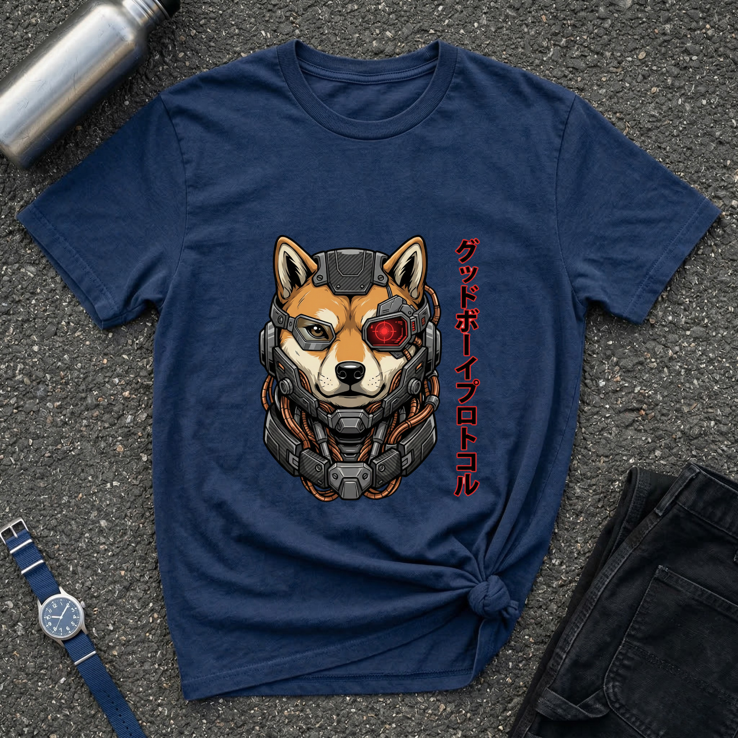 Cyborg Shiba T-Shirt — Japanese Katakana 'Good Boy' Graphic Tee