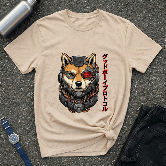 Cyborg Shiba T-Shirt — Japanese Katakana 'Good Boy' Graphic Tee