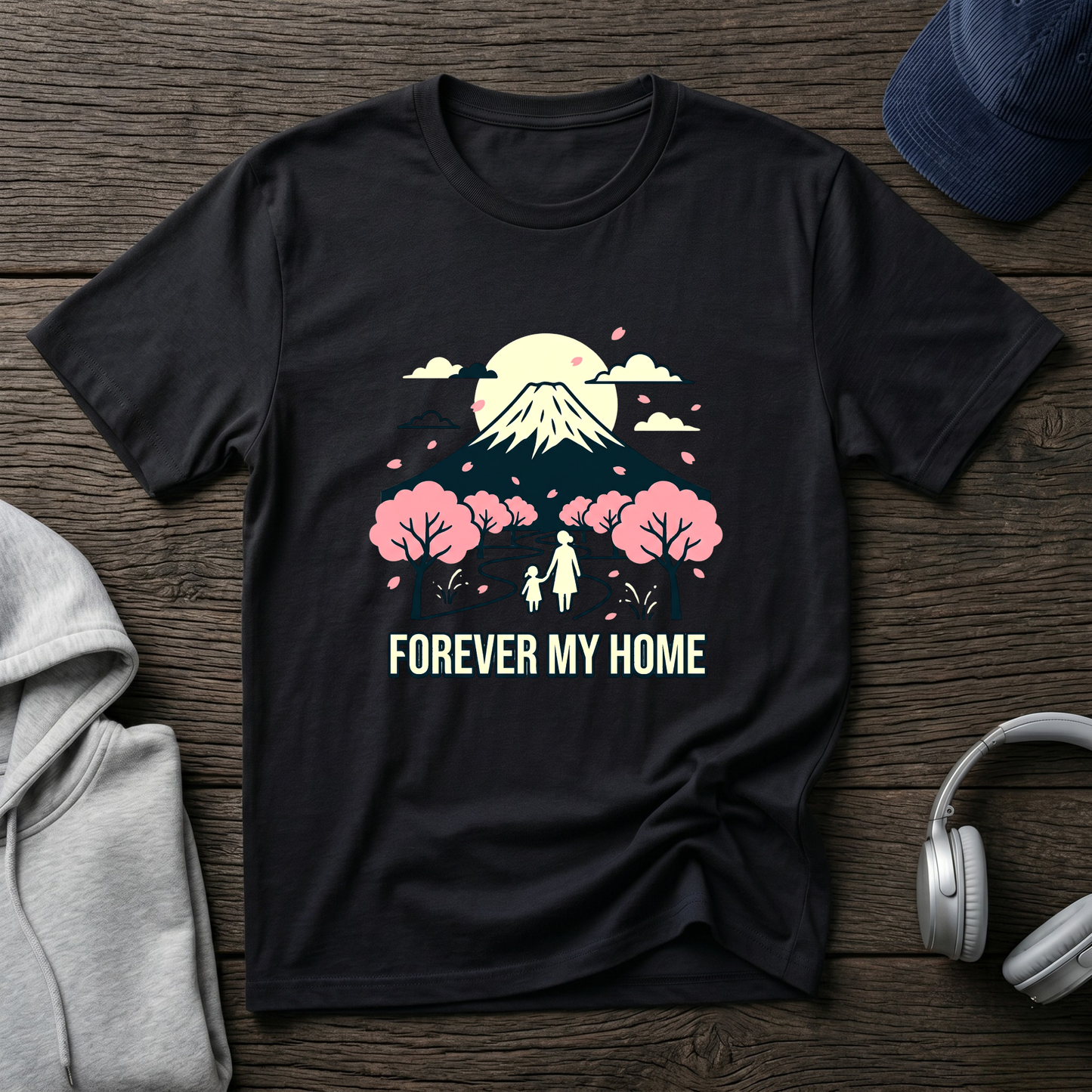 Forever My Home T-Shirt — Mountain & Cherry Blossom Graphic