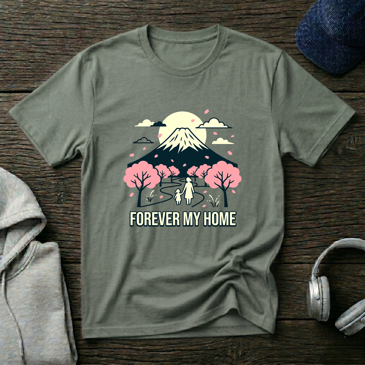 Forever My Home T-Shirt — Mountain & Cherry Blossom Graphic