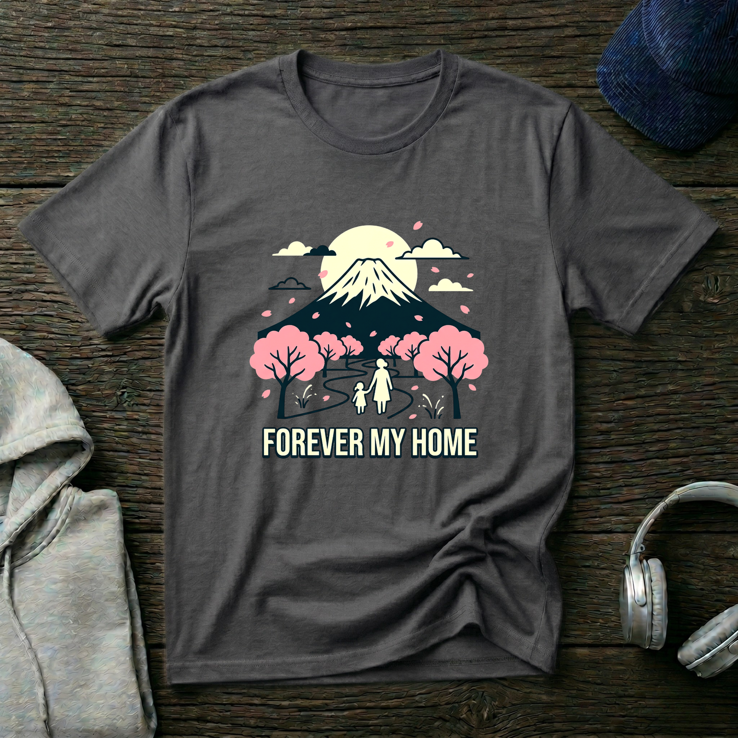 Forever My Home T-Shirt — Mountain & Cherry Blossom Graphic