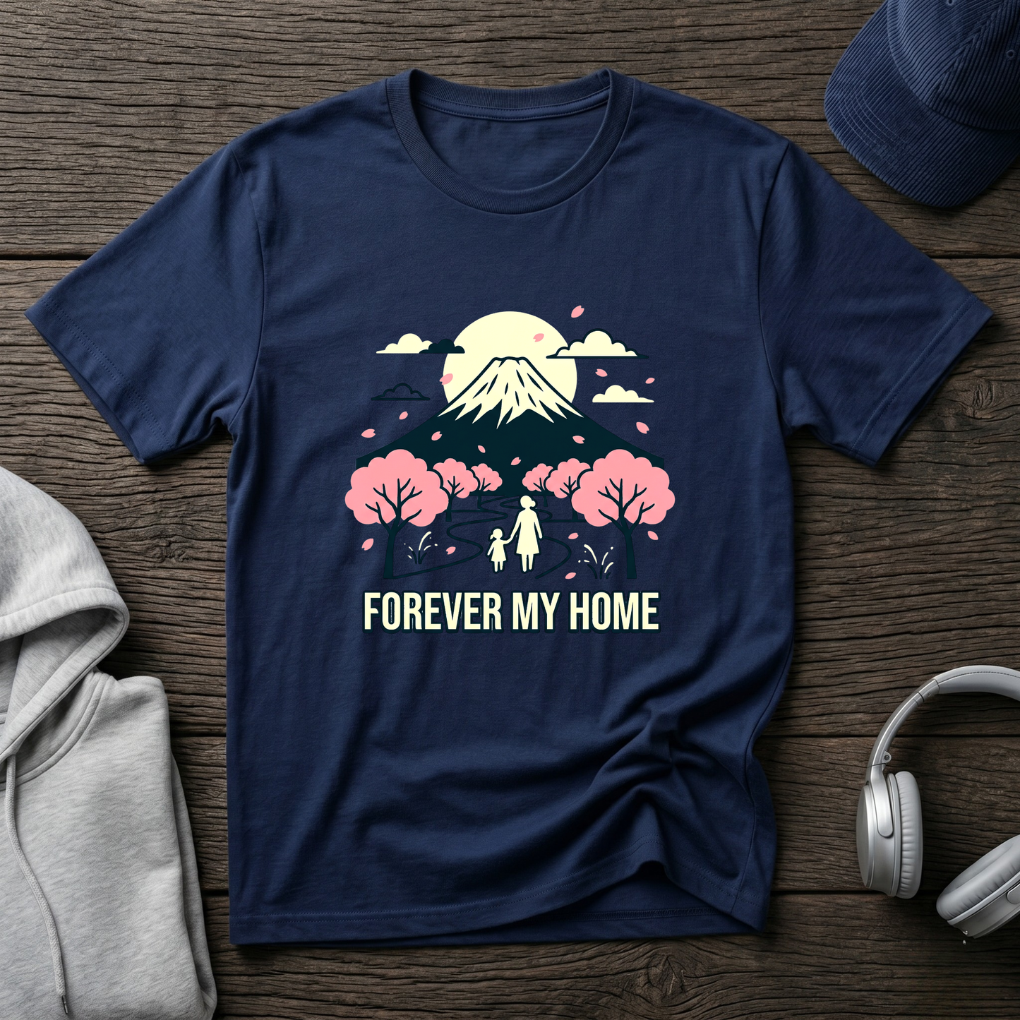 Forever My Home T-Shirt — Mountain & Cherry Blossom Graphic