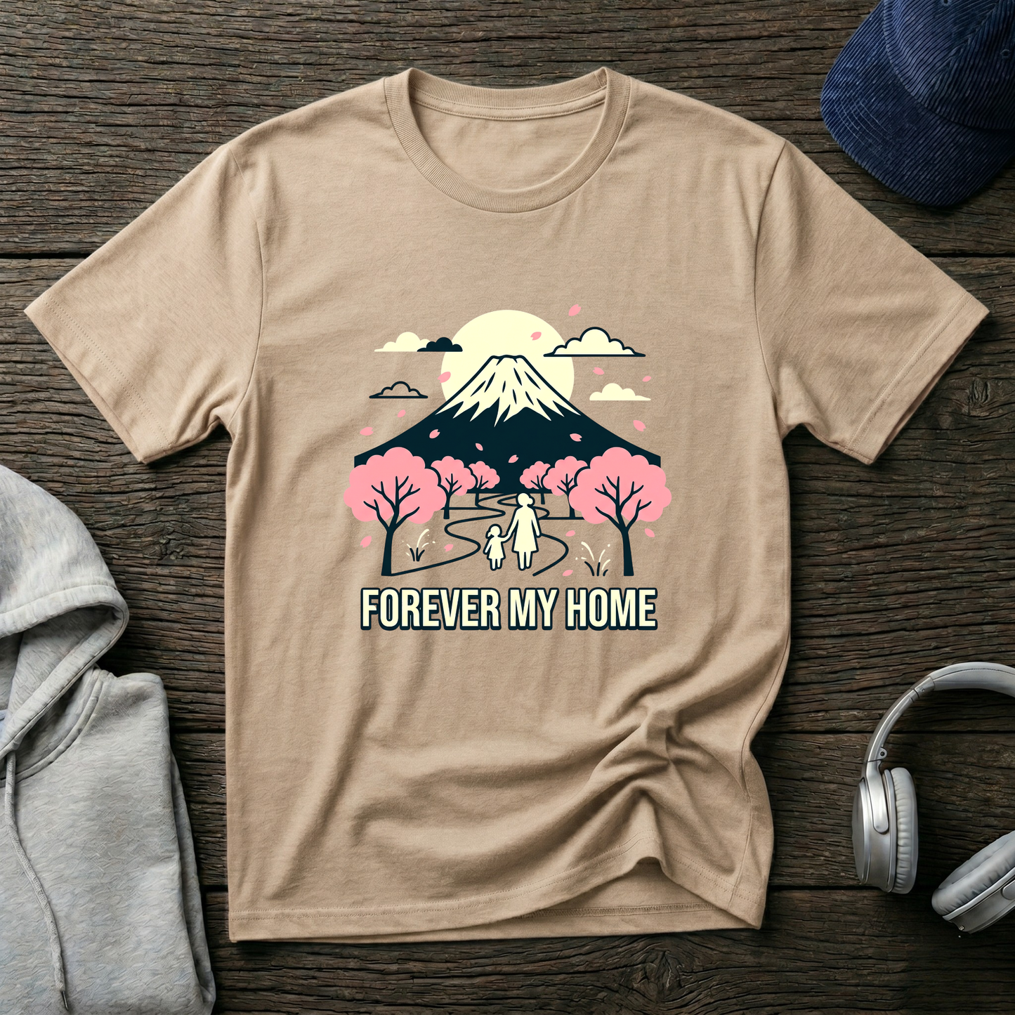Forever My Home T-Shirt — Mountain & Cherry Blossom Graphic
