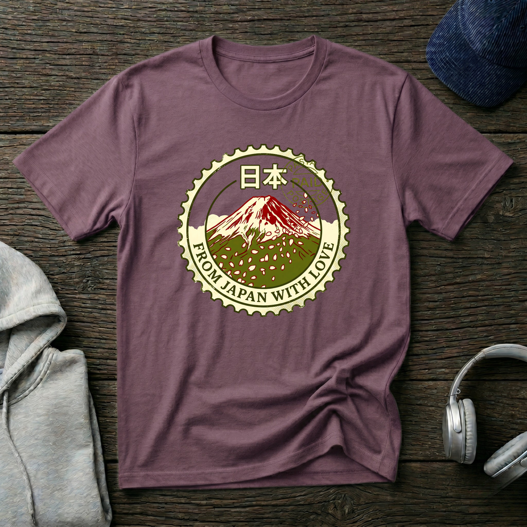 Purple t-shirt with Mount Fuji graphic and text on a wooden surface with accessories.