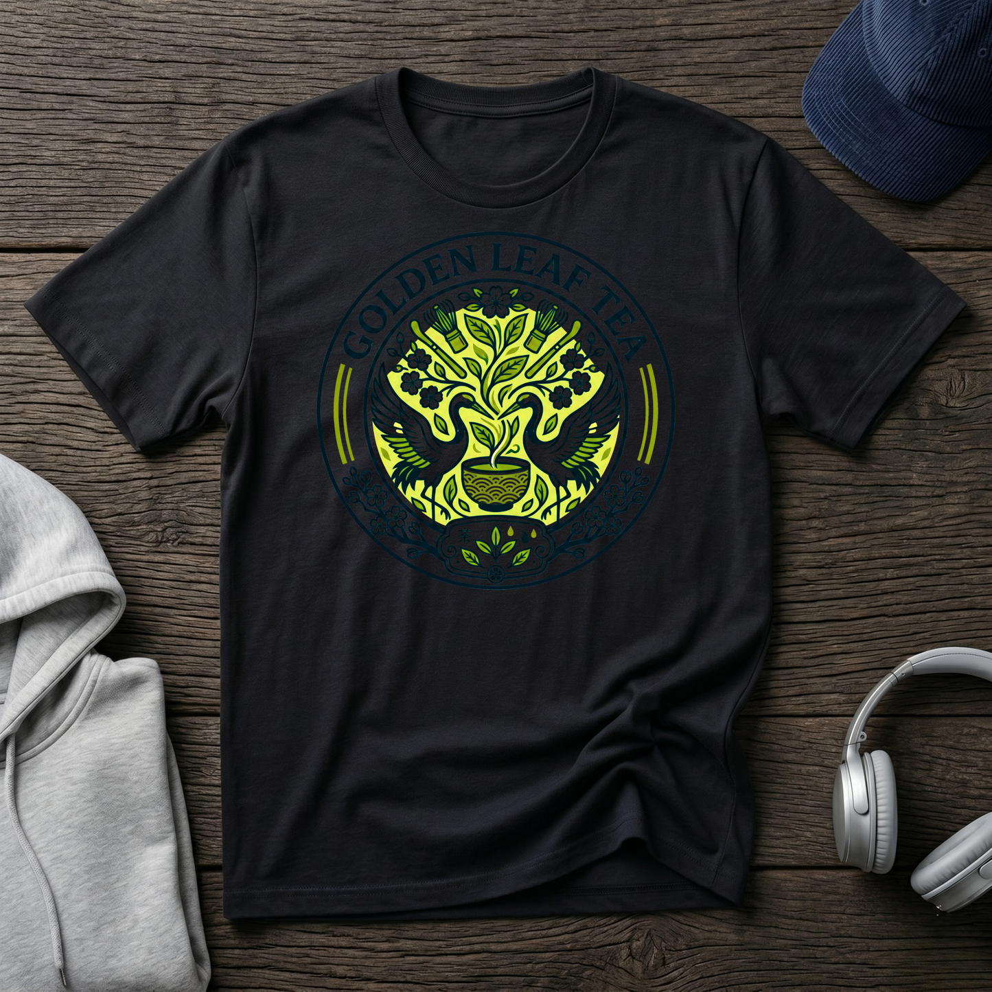 Golden Leaf Tea T-Shirt — Vintage Botanical Tea Logo Tee