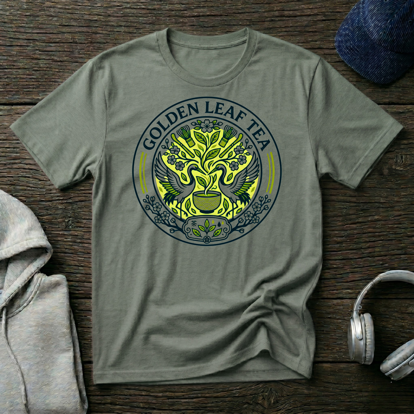 Golden Leaf Tea T-Shirt — Vintage Botanical Tea Logo Tee