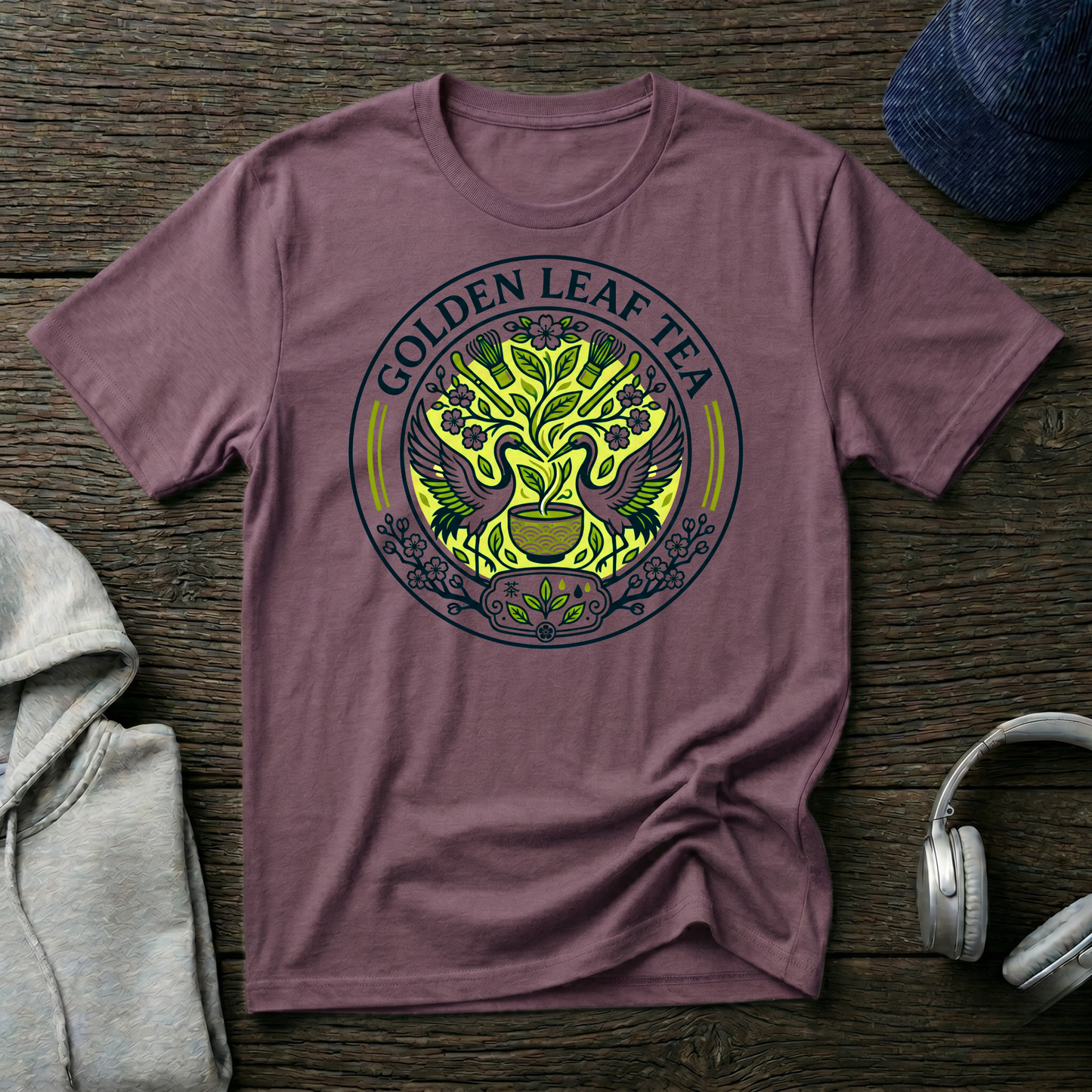 Golden Leaf Tea T-Shirt — Vintage Botanical Tea Logo Tee