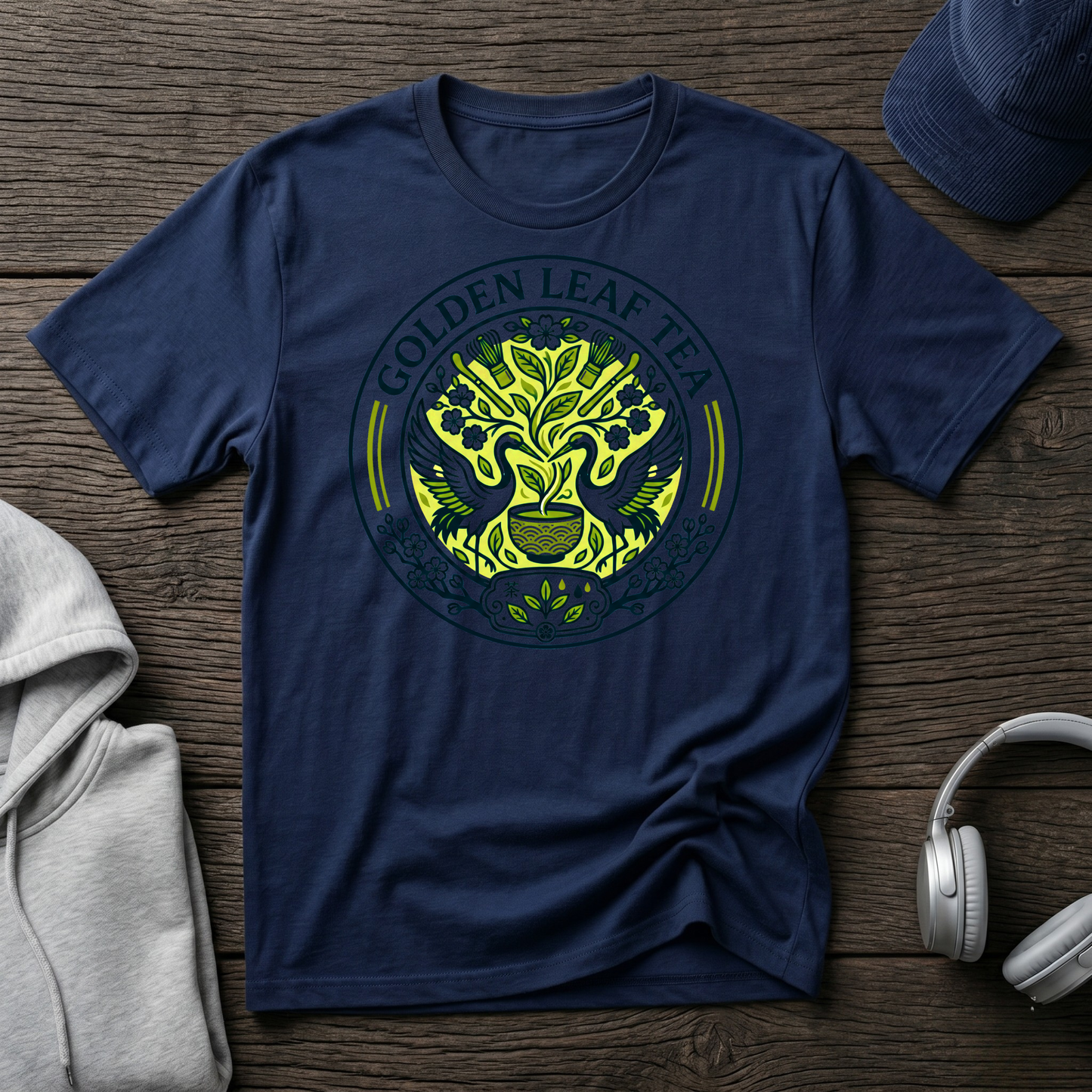Golden Leaf Tea T-Shirt — Vintage Botanical Tea Logo Tee