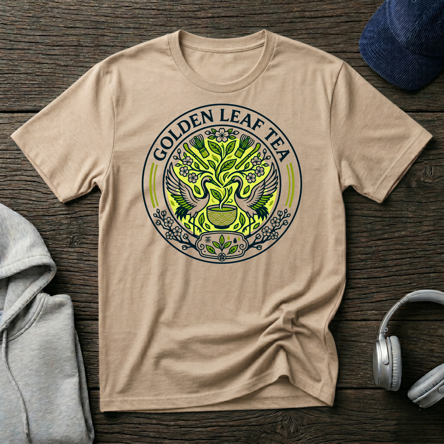 Golden Leaf Tea T-Shirt — Vintage Botanical Tea Logo Tee