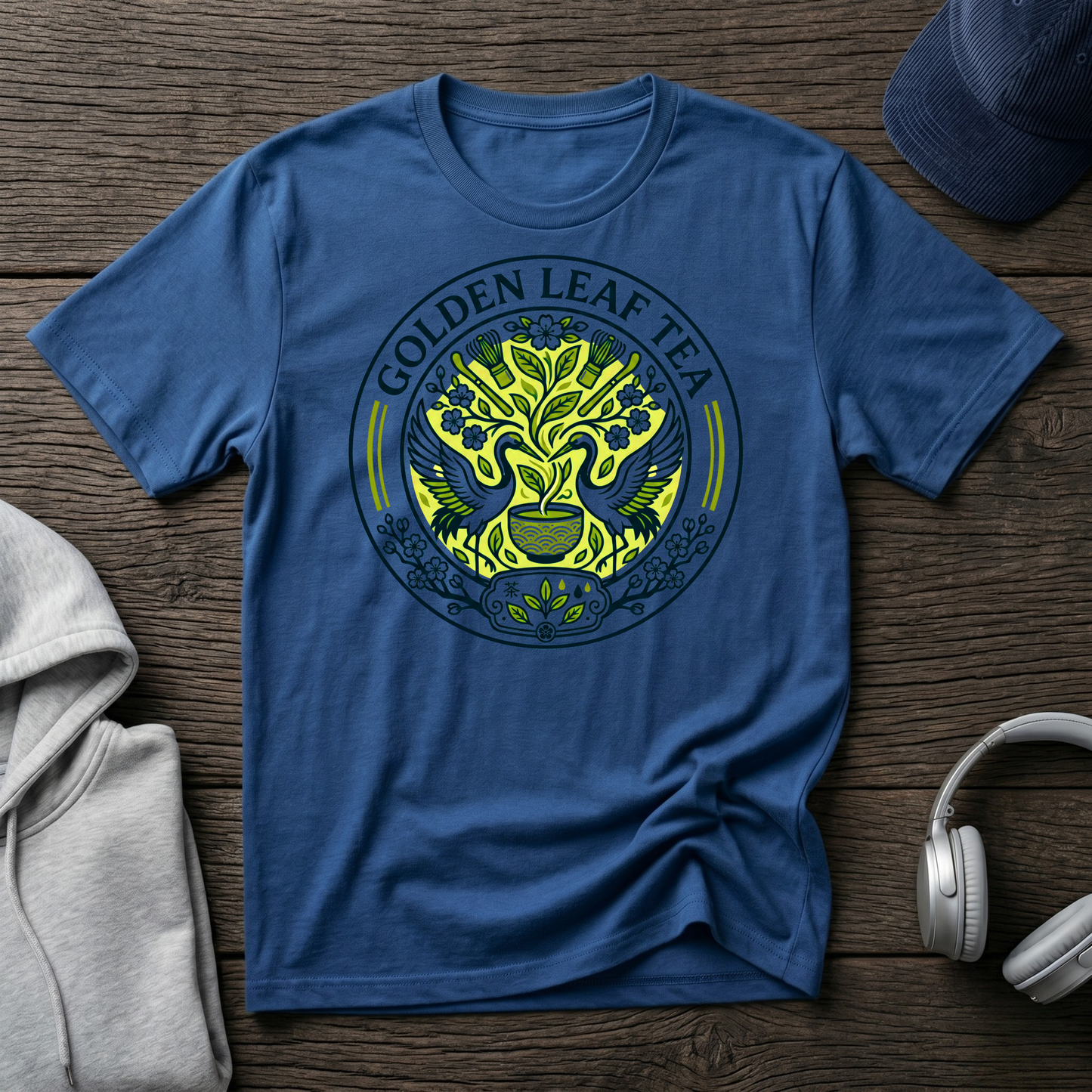 Golden Leaf Tea T-Shirt — Vintage Botanical Tea Logo Tee