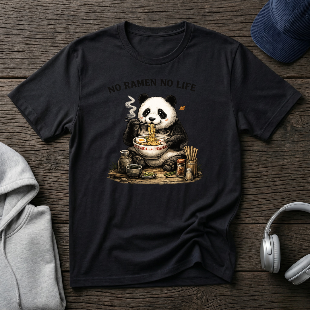 “Funny Panda Ramen T-Shirt – Japanese Food Lover Graphic Tee, Cute Anime Style Streetwear, ‘No Ramen No Life’ Shirt”