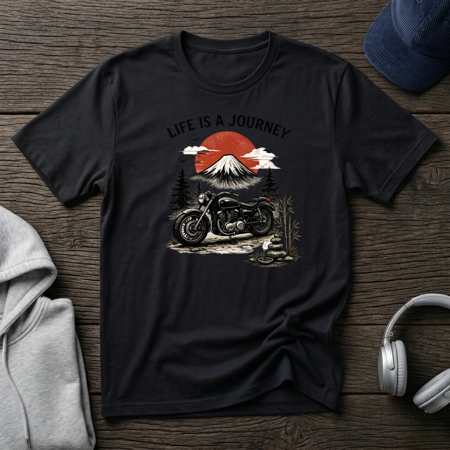 Life Is a Journey T-Shirt – Vintage Motorcycle Graphic Tee, Japanese Mount Fuji Design, Biker Streetwear Shirt”