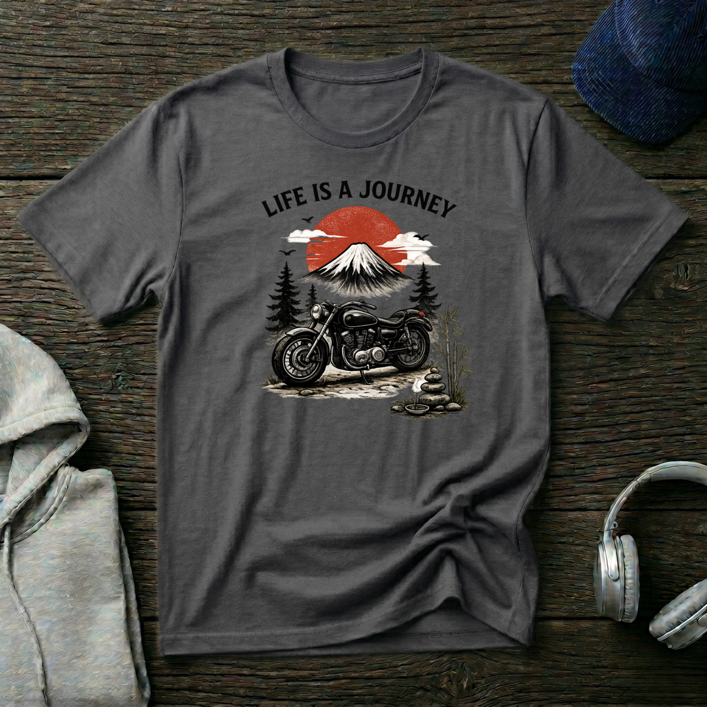 Life Is a Journey T-Shirt – Vintage Motorcycle Graphic Tee, Japanese Mount Fuji Design, Biker Streetwear Shirt”