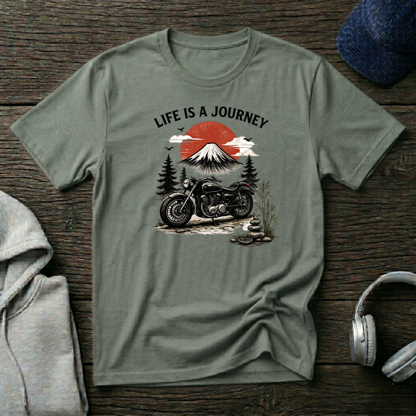 Life Is a Journey T-Shirt – Vintage Motorcycle Graphic Tee, Japanese Mount Fuji Design, Biker Streetwear Shirt”