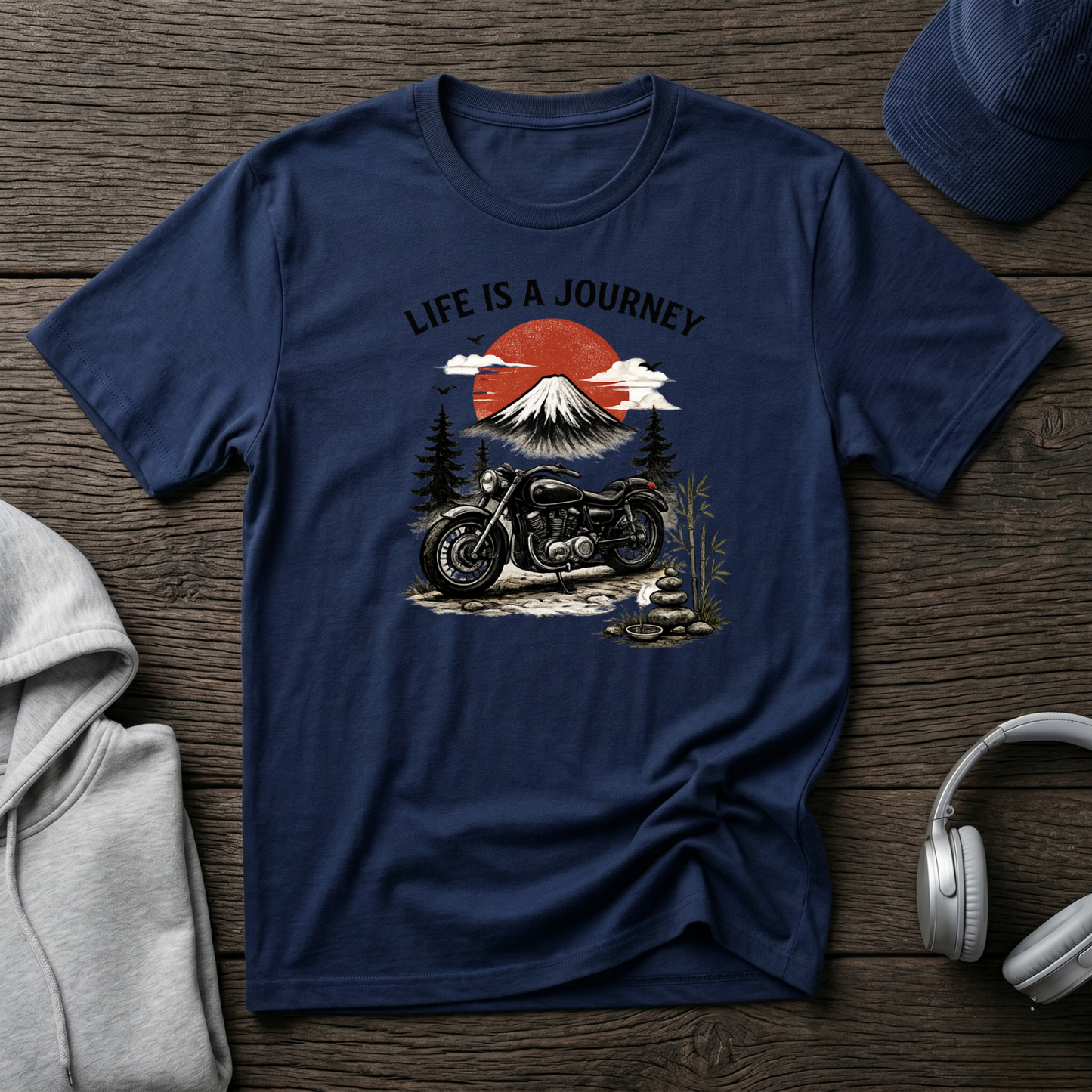Life Is a Journey T-Shirt – Vintage Motorcycle Graphic Tee, Japanese Mount Fuji Design, Biker Streetwear Shirt”