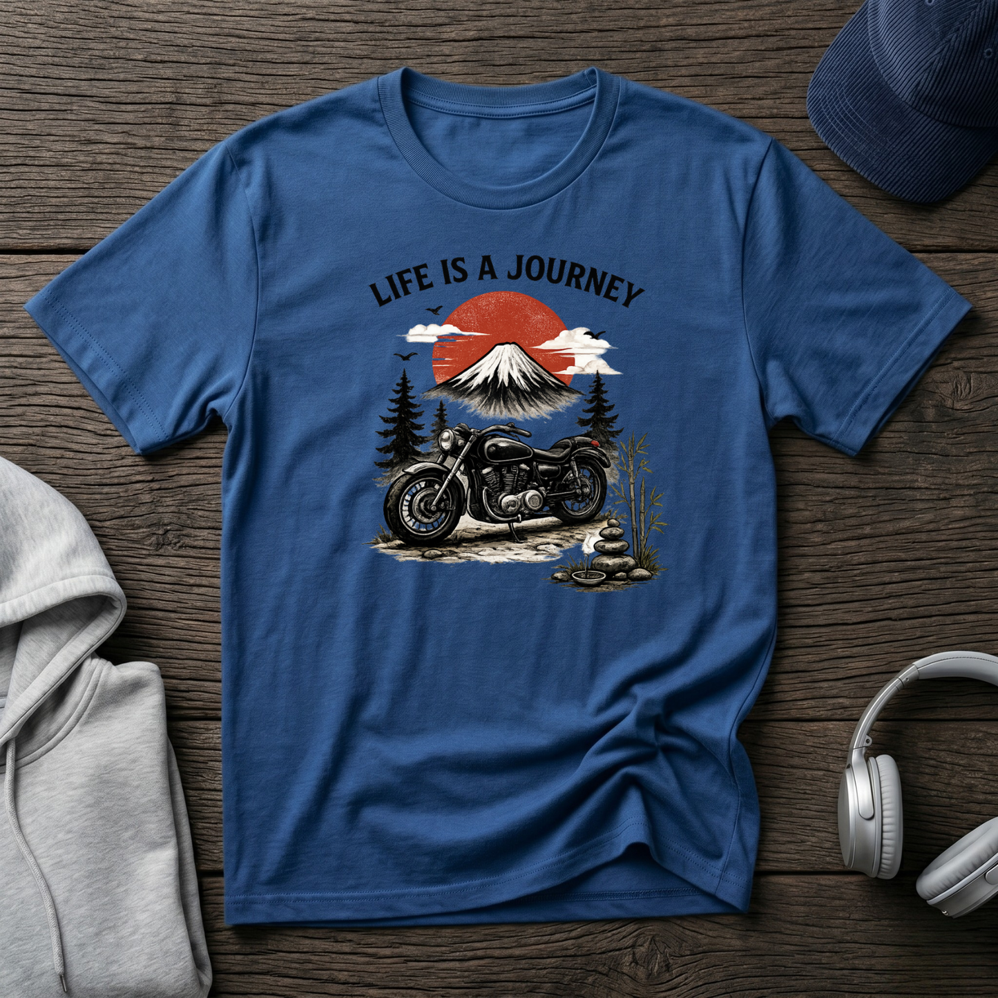 Life Is a Journey T-Shirt – Vintage Motorcycle Graphic Tee, Japanese Mount Fuji Design, Biker Streetwear Shirt”