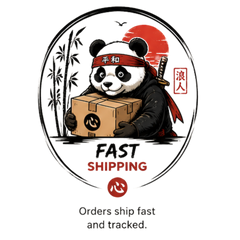 Panda bear in a samurai outfit holding a box with 'Fast Shipping' text on a white background