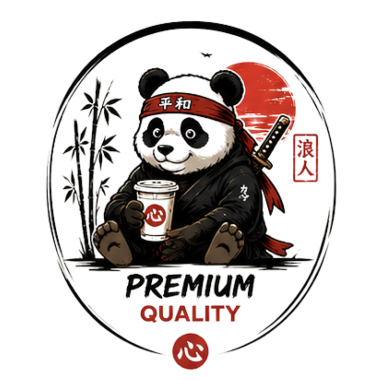 Panda bear with a red bandana holding a cup, surrounded by bamboo and a sword, with 'Premium Quality' text.